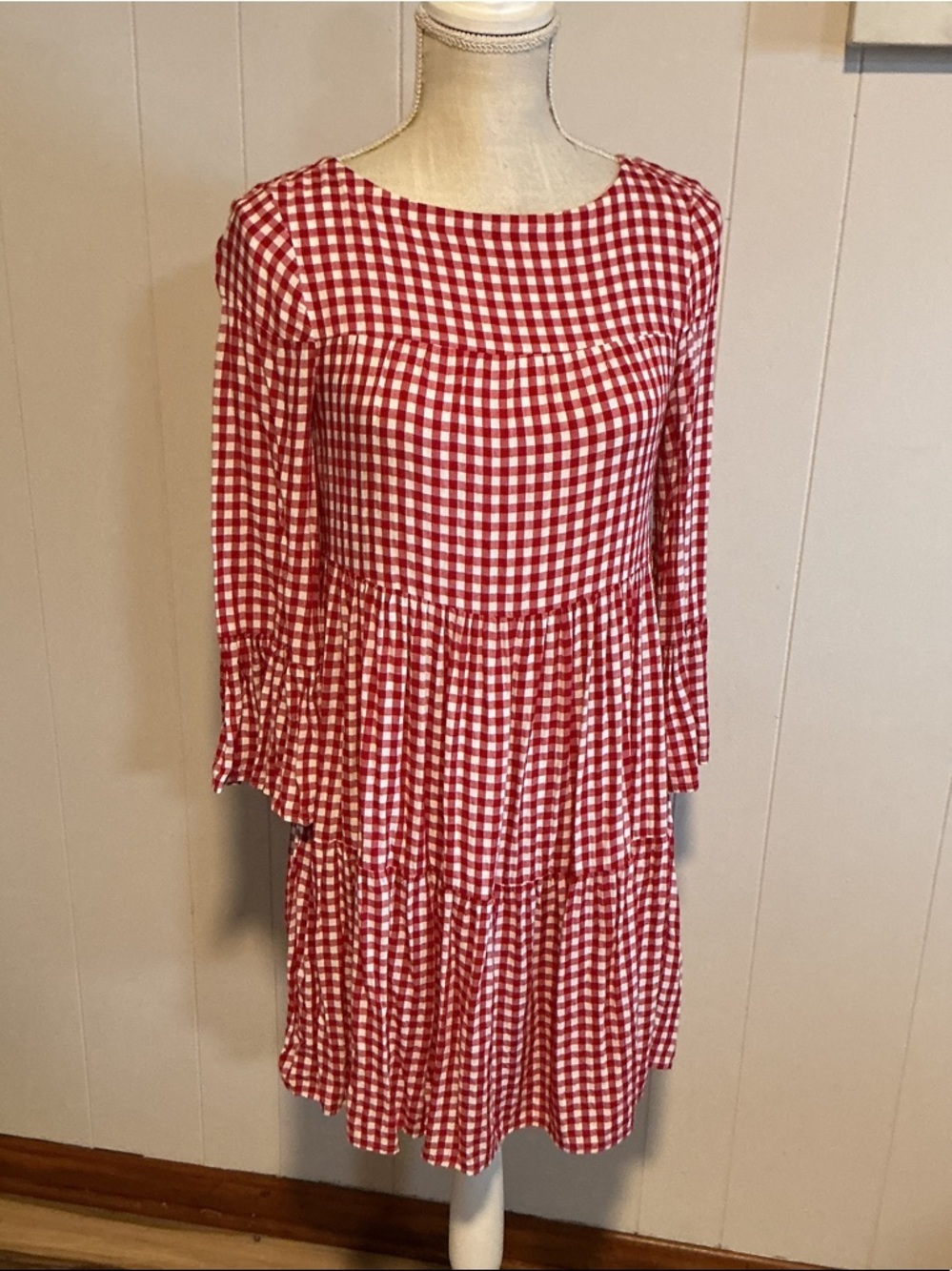 beachlunchlounge Red and White Gingham Tiered Long-Sleeve Dress